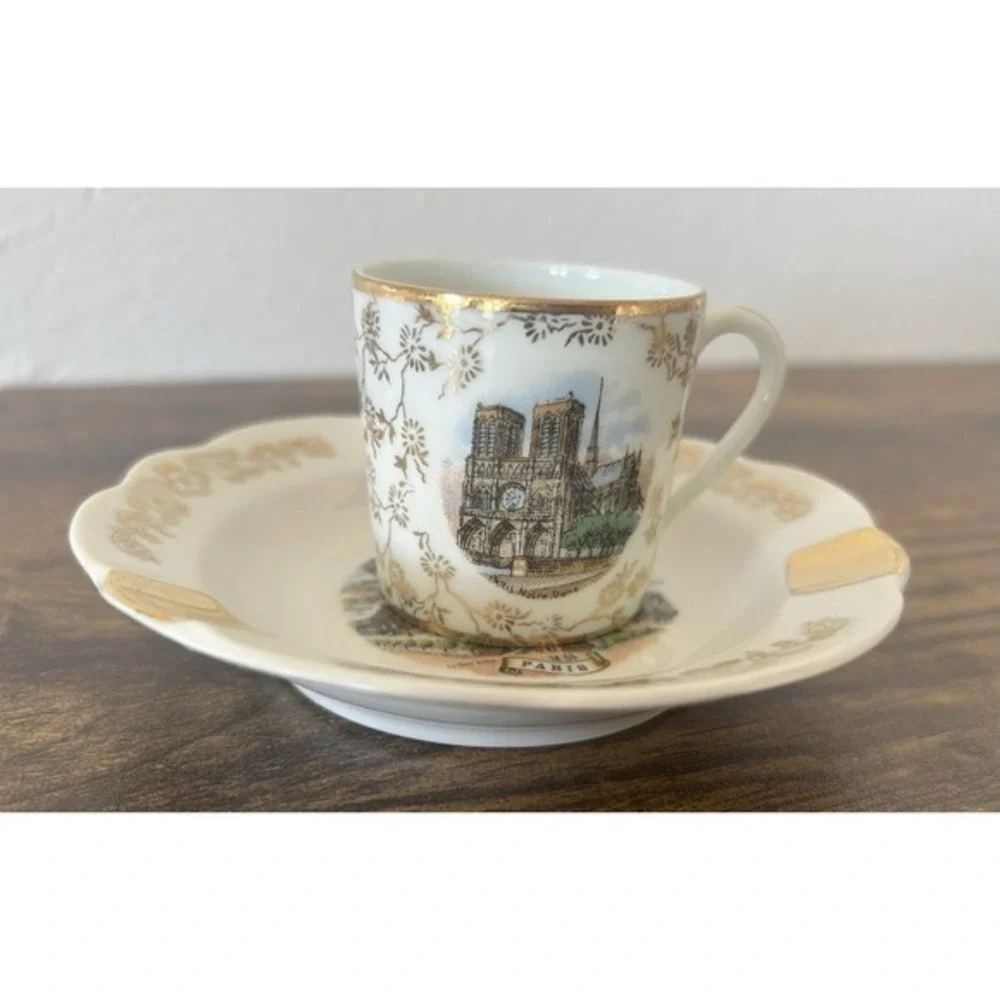 2-PC Vintage Limoges‎ France Souvenir De Paris Porcelain Espresso Cup & Ashtray